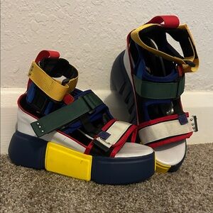 Colorblock Platform Strap Sandals in Red, Yellow, Green, Blue, White